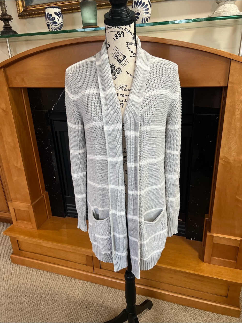 Athleta Light Gray & White Striped Open-Front Cardigan